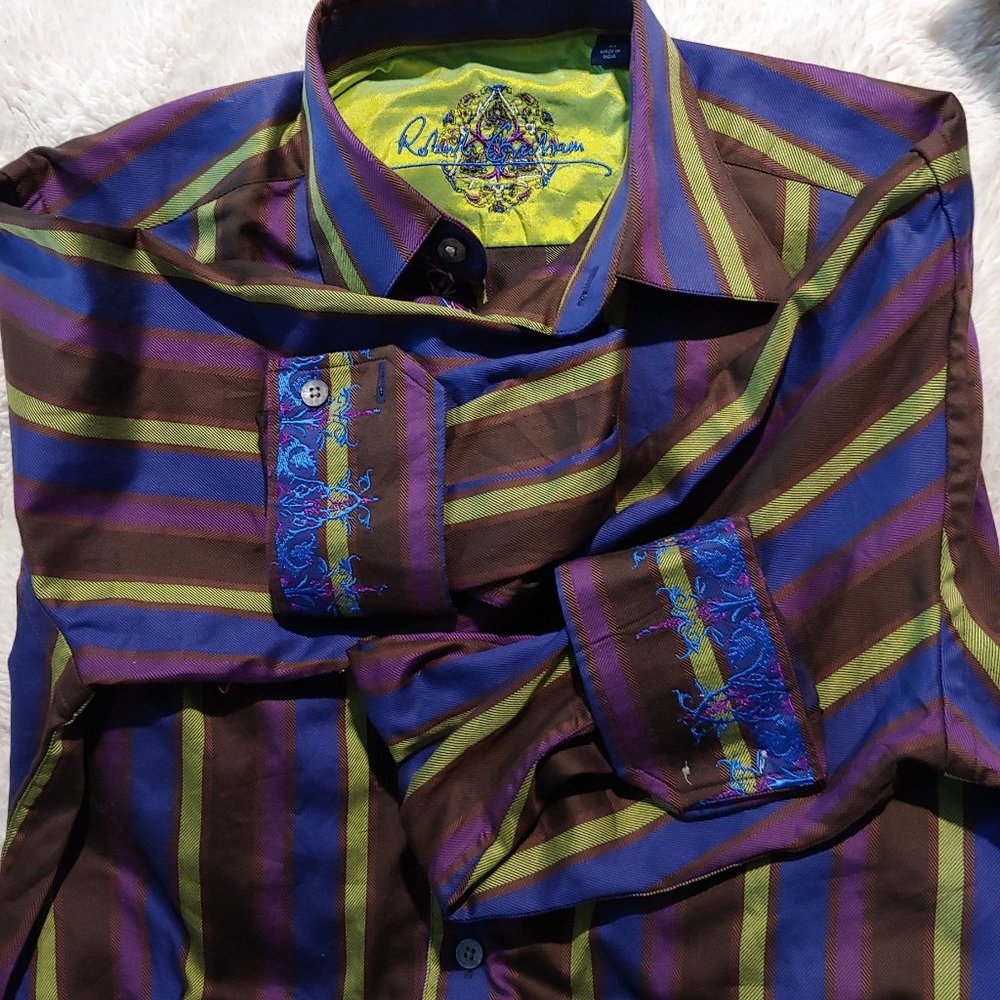 Robert Graham Purple/Brown /Green Stripe Long Sleeve Flip Cuff Button Shirt M
